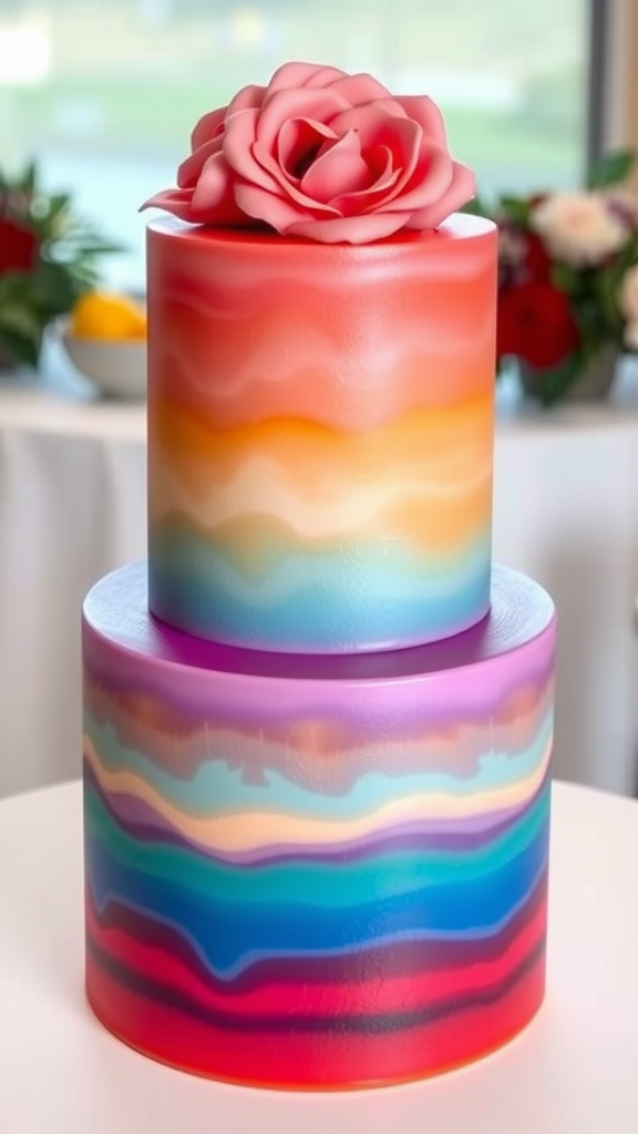 30 Themed Two-Tier Wedding Cakes That Are Totally Unique (Check Out #9!) A two-tier wedding cake with vibrant sunset gradient colors topped with a pink rose.