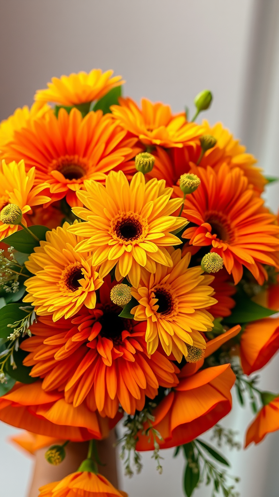 35 Stunning Earth Tone Wedding Bouquets for Your Dream Celebration A bouquet featuring bright orange and yellow gerbera daisies with green foliage.