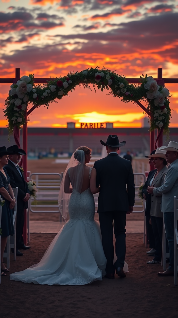 15 Creative Cowboy Wedding Entrance Ideas to Wow Your Guests A couple stands under a floral arch during their wedding ceremony at sunset, with guests in cowboy attire watching.