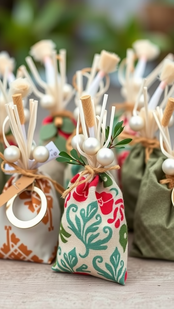 25 Creative Ideas for a Boho 50th Birthday Party Celebration Colorful fabric pouches tied with twine, filled with eco-friendly party favors.