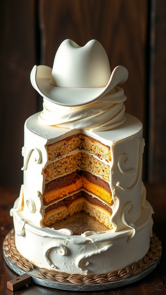 25 Cowboy Wedding Cake Ideas to Inspire Your Rustic Celebration A cowboy-themed wedding cake with a white cowboy hat on top and colorful layers revealed inside.