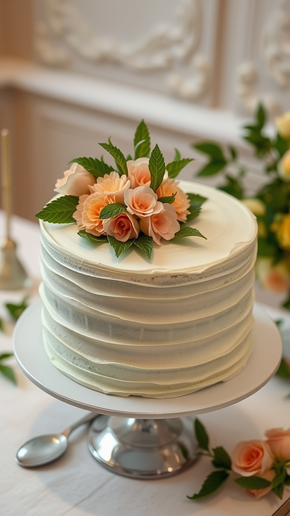 15 Elegant Sage Green Wedding Cake Ideas for Your Perfect Day A beautifully decorated sage green wedding cake topped with pink flowers and leaves.