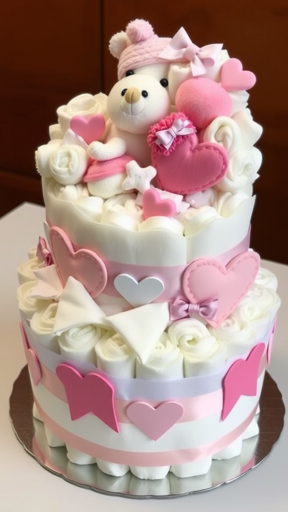 25 Creative Valentine Diaper Cakes A beautifully crafted diaper cake decorated with pink and white colors, featuring a teddy bear and heart-shaped embellishments.