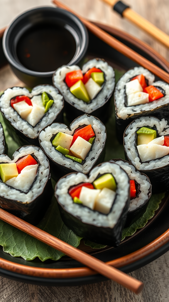 15 Romantic Valentine Lunch Ideas Heart-shaped sushi rolls filled with vegetables on a plate with chopsticks and dipping sauce