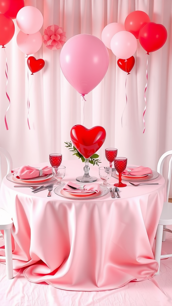 25 Lovely Valentine Baby Shower Ideas You’ll Love A romantic sweetheart table setting with pink and red balloons, heart-shaped decorations, and elegant tableware.