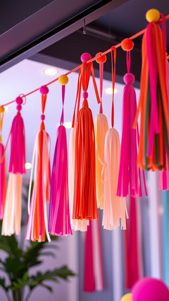 25 Adorable Ideas for a Boho Themed 1st Birthday Party for Girls Colorful tassel garland with pink, orange, and white tassels hanging from a ceiling