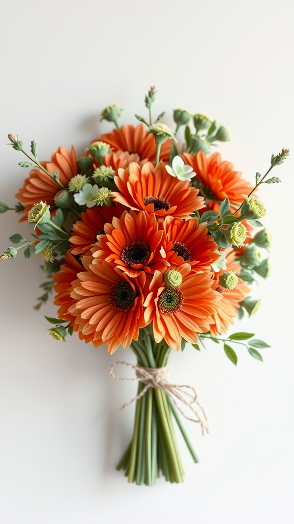 35 Stunning Earth Tone Wedding Bouquets for Your Dream Celebration A bouquet featuring vibrant orange flowers and sage green leaves, tied with twine, showcasing an earth tone theme.