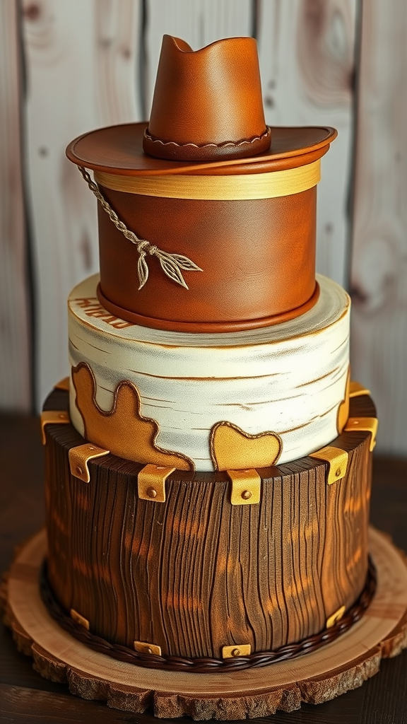 25 Cowboy Wedding Cake Ideas to Inspire Your Rustic Celebration A beautifully crafted cowboy wedding cake with a cowboy hat on top and rustic wooden textures.