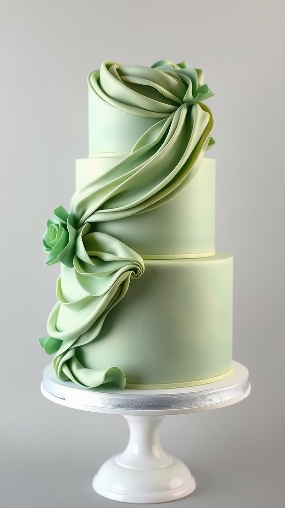 15 Elegant Sage Green Wedding Cake Ideas for Your Perfect Day A textured sage green wedding cake with flowing fondant and a rose detail.