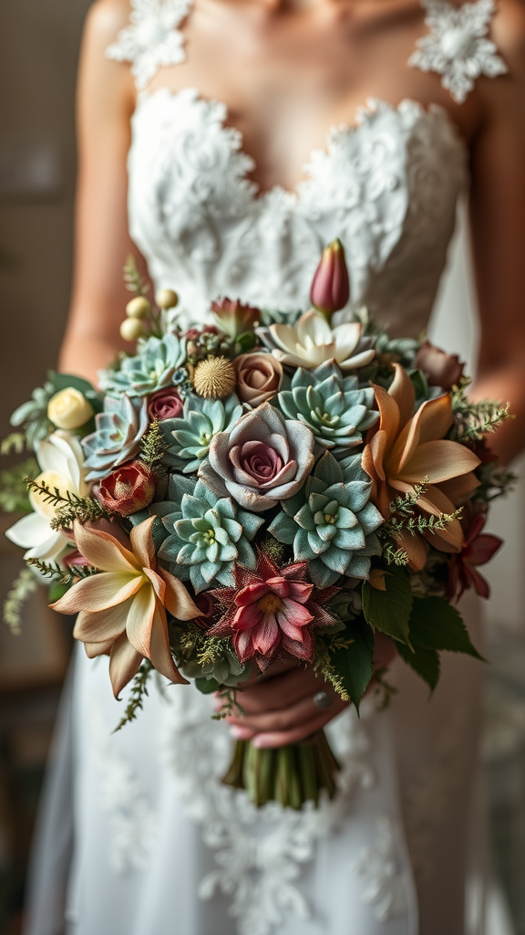 35 Stunning Earth Tone Wedding Bouquets for Your Dream Celebration Earth tone wedding bouquet featuring succulents and delicate flowers