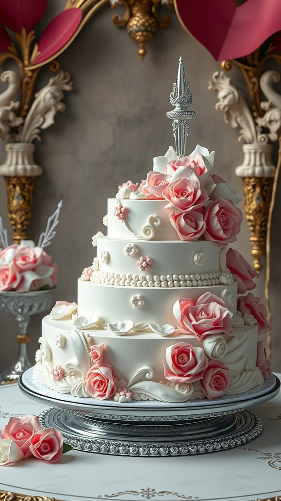 35 Exquisite Rococo Cakes for Your Next Celebration A beautiful Rococo cake adorned with pink roses, pearls, and an elegant silver topper.