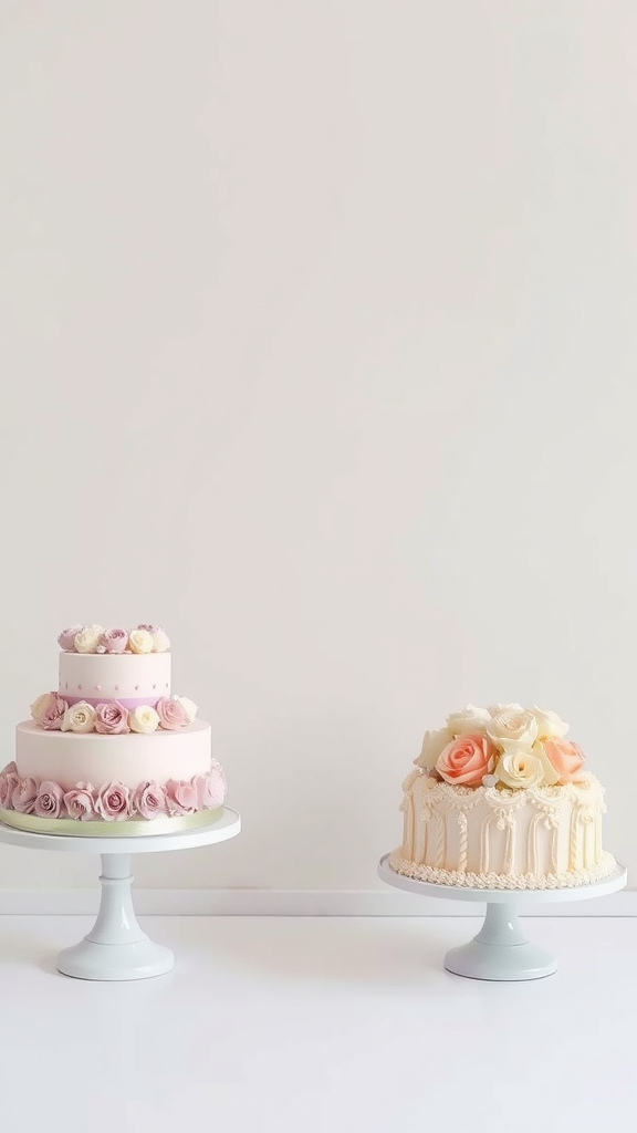 35 Exquisite Rococo Cakes for Your Next Celebration Two elegant cakes reflecting Rococo style, one tiered with pink roses and the other round with peach and white flowers.