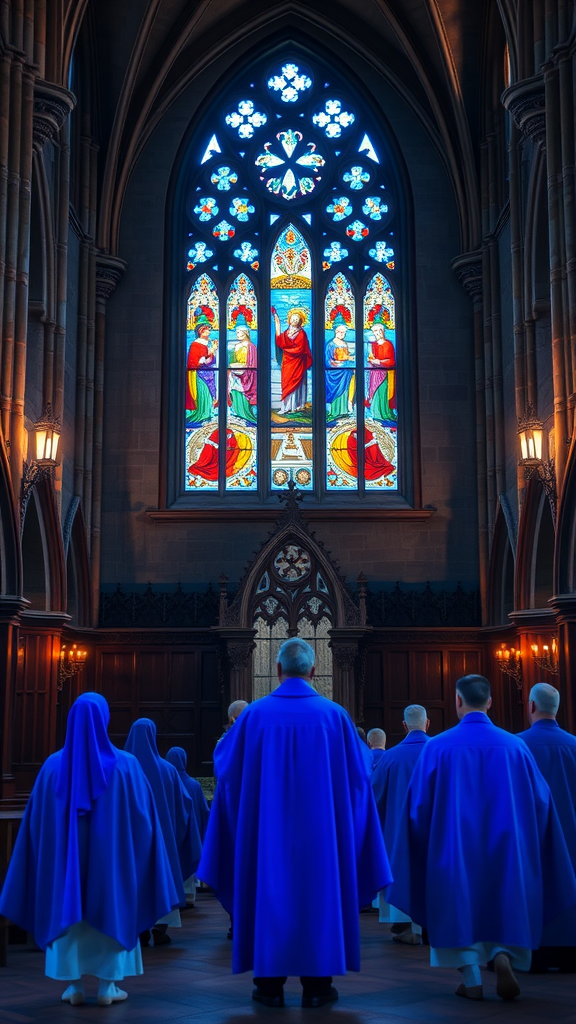 15 Stunning Blue Medieval Dresses for Your Next Event A group of worshippers in blue robes in a church with stained glass windows