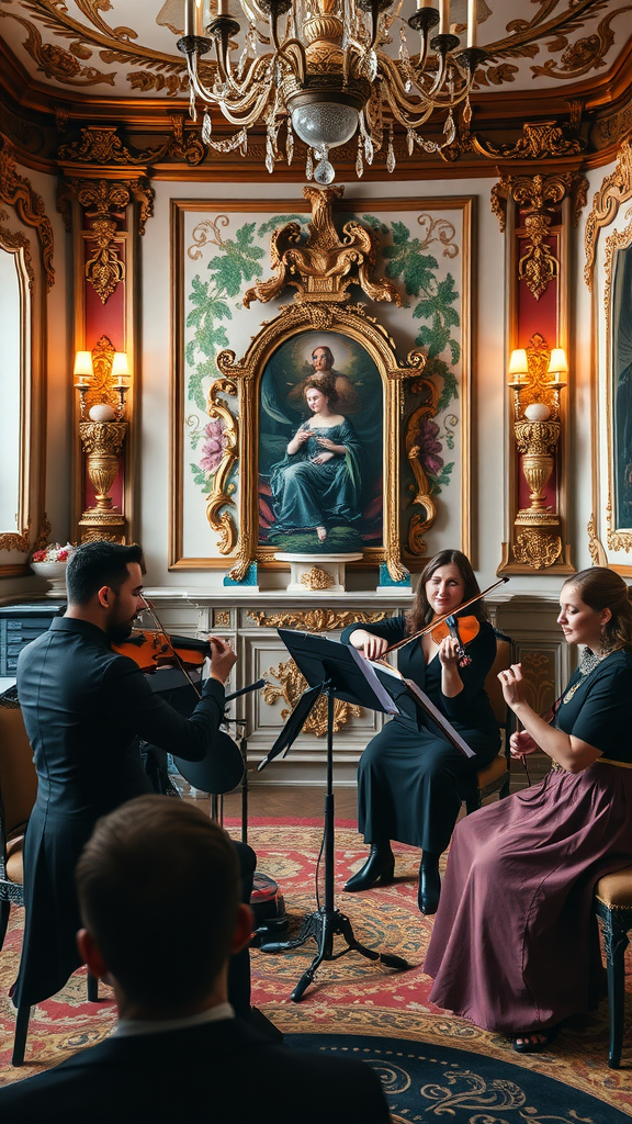 35 Stunning Ideas for a Rococo Party A string trio performing in an ornate room decorated in Rococo style.