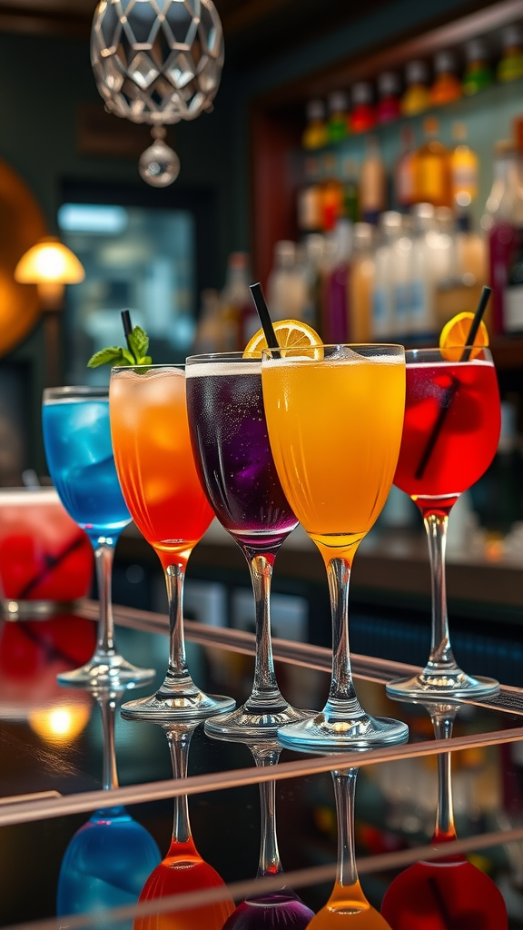 35 Stunning Ideas for a Rococo Party Colorful cocktails arranged in a bar setting, perfect for a Rococo-themed party.