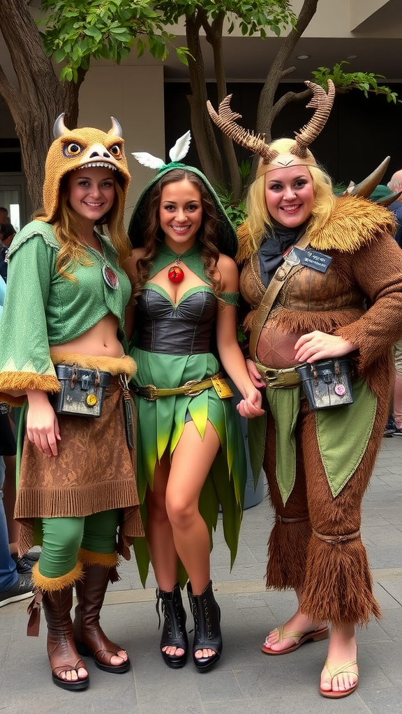 25 Creative Nesting Party Ideas for a Cozy Gathering Three friends in themed woodland costumes, each showcasing unique styles with playful elements.