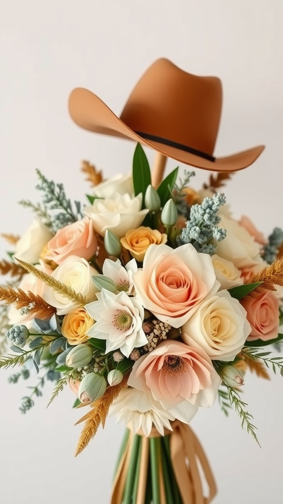 25 Cowboy Wedding Flowers That Will Make Planning a Breeze! A bouquet of soft-colored flowers adorned with a brown cowboy hat. Cowboy Wedding Flowers
