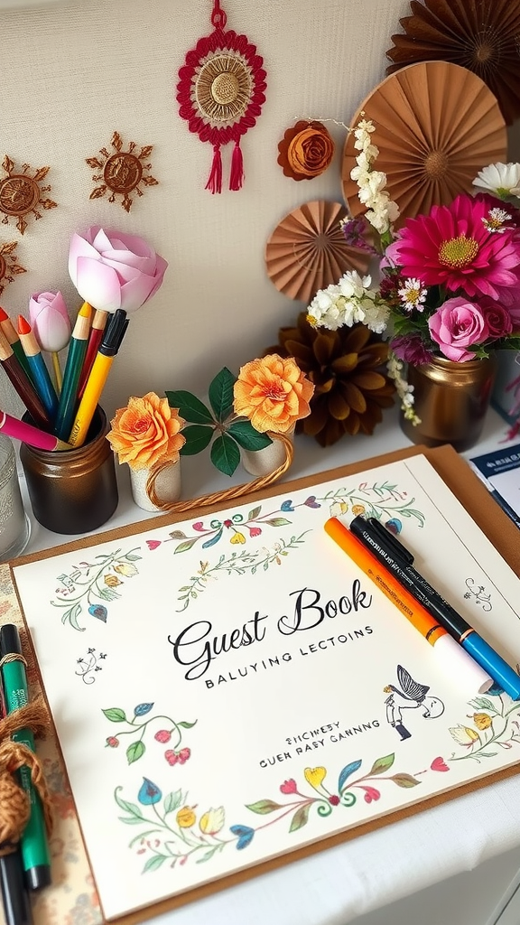 25 Creative Ideas for a Boho 50th Birthday Party Celebration Decorated guest book with floral design, colorful pens, and boho-themed decorations