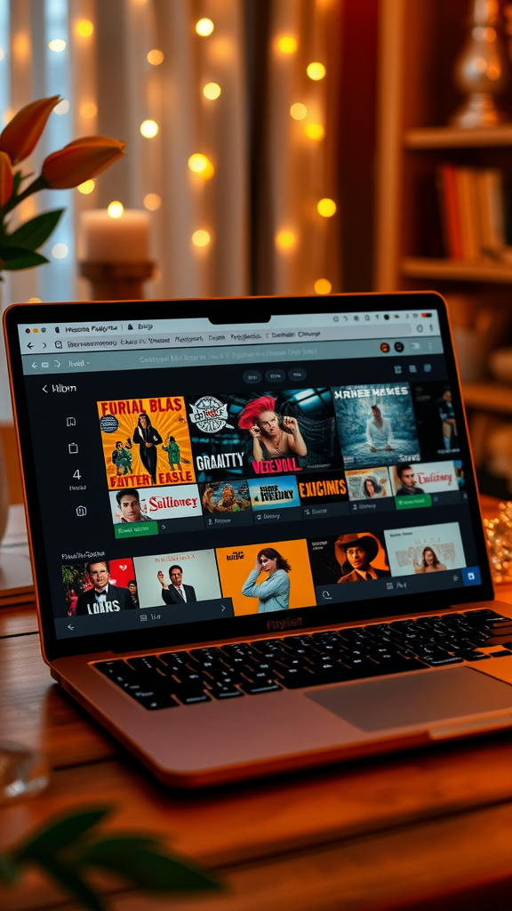 25 Must-Have Items for the Perfect Nesting Party A cozy setup with a laptop showing a playlist on a wooden table, surrounded by flowers and warm lights.