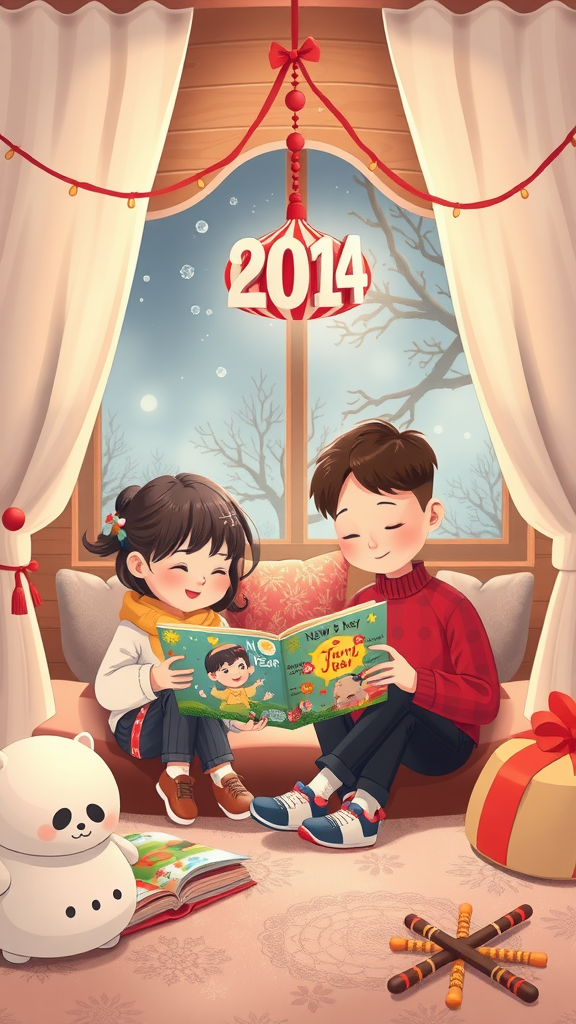 25 Fun and Festive new year’s eve kid party ideas Kids reading a storybook in a cozy setting with a New Year's Eve theme.