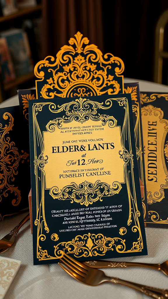 25 Enchanting Dark Romantic Wedding Ideas You’ll Love Elegant black and gold wedding invitations with intricate designs. Dark Romantic Wedding Ideas