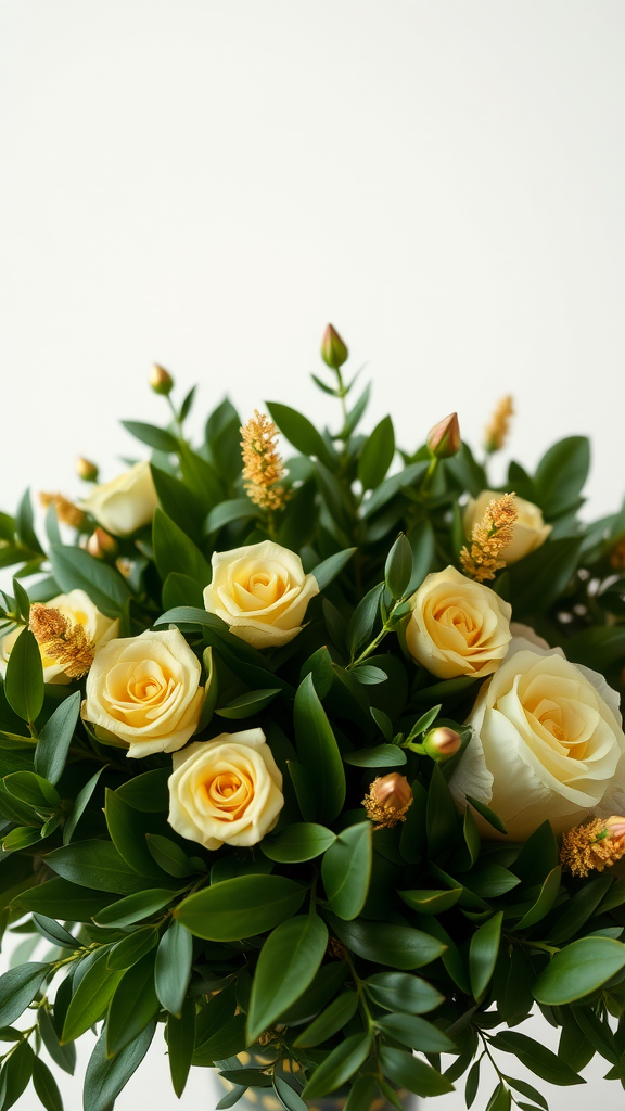 35 Stunning Earth Tone Wedding Bouquets for Your Dream Celebration A bouquet featuring yellow roses and green foliage with gold accents, showcasing earth tones.