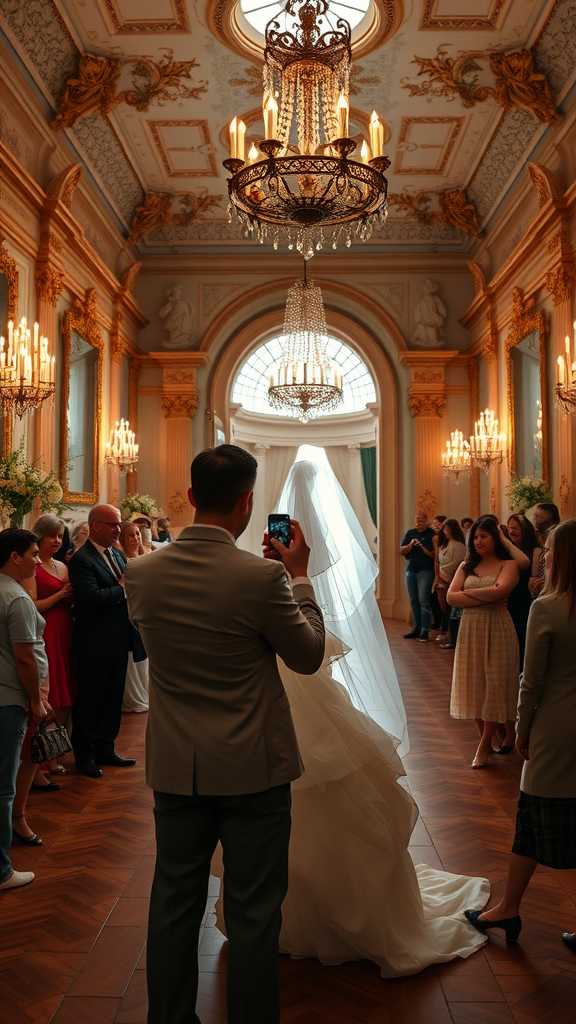 35 Rococo Wedding Inspiration Ideas That Will Make Your Heart Skip a Beat (Don't Miss #10!) A bride in a flowing gown stands in a lavish Rococo wedding venue, surrounded by guests. A chandelier illuminates the ornate room.