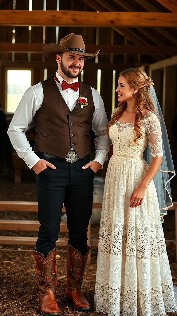 25 Rustic Cowboy Wedding Ideas to Tie the Knot with Style A couple in traditional cowboy wedding attire, with the groom in a cowboy hat and vest, and the bride in a lace wedding dress.
