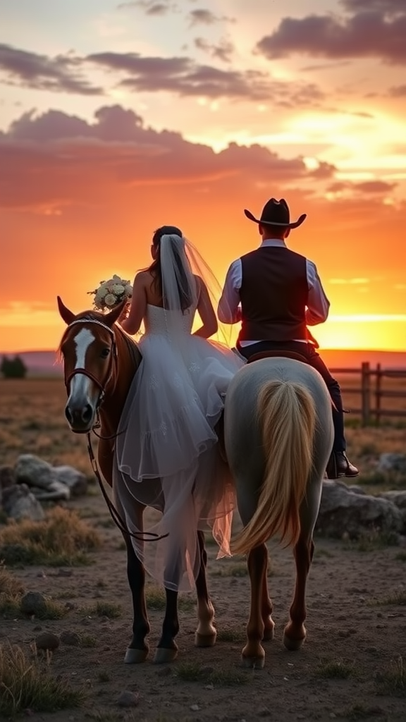 25 Rustic Cowboy Wedding Ideas to Tie the Knot with Style A bride and groom on horseback during sunset, celebrating their cowboy wedding send-off.