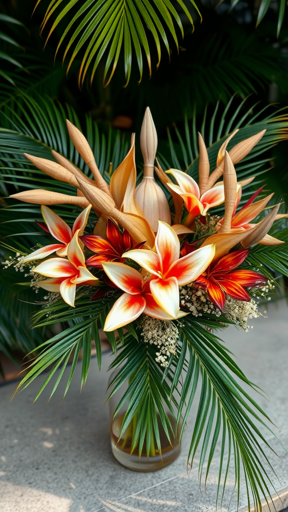 35 Stunning Earth Tone Wedding Bouquets for Your Dream Celebration A vibrant tropical bouquet featuring orange and red flowers surrounded by lush green palm leaves.