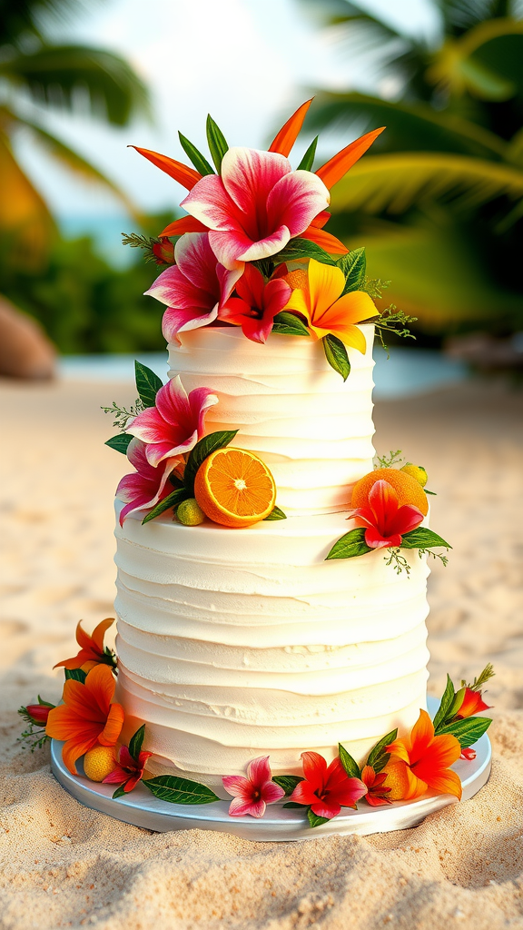 30 Themed Two-Tier Wedding Cakes That Are Totally Unique (Check Out #9!) A two tier wedding cake decorated with tropical flowers and fruits on a beach setting