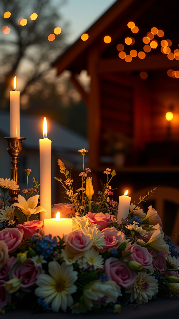 25 Cowboy Wedding Flowers That Will Make Planning a Breeze! A beautiful arrangement of flowers with candles lit at twilight, with soft lights in the background. Cowboy Wedding Flowers