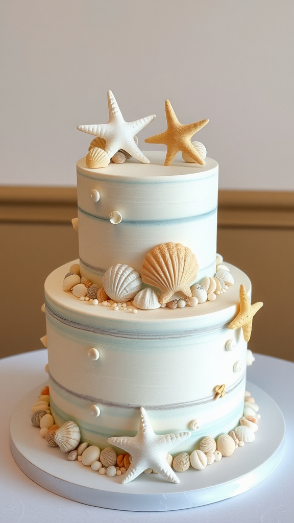 30 Themed Two-Tier Wedding Cakes That Are Totally Unique (Check Out #9!) A two-tier wedding cake decorated with seashells and starfish, embodying an under-the-sea theme.