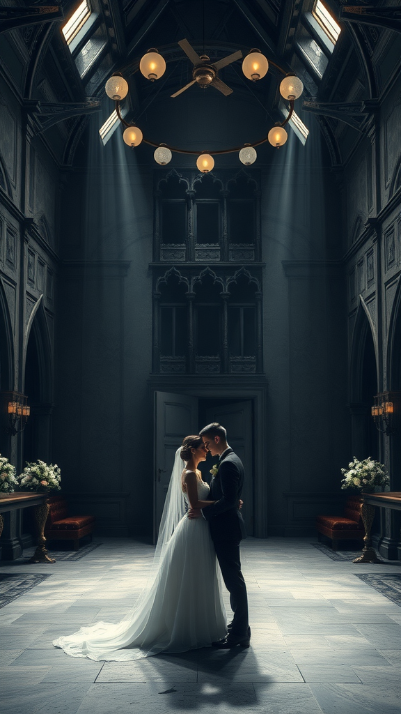 25 Enchanting Dark Romantic Wedding Ideas You’ll Love A couple sharing a romantic moment in a gothic-inspired wedding venue, with dramatic lighting and elegant decor.