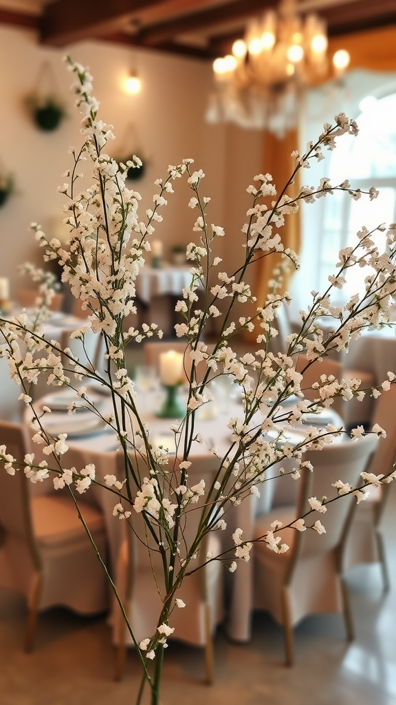 25 Adorable Ideas for a Boho Themed 1st Birthday Party for Girls A beautiful arrangement of baby's breath flowers in a softly lit dining area, perfect for a celebration. boho themed 1st birthday party