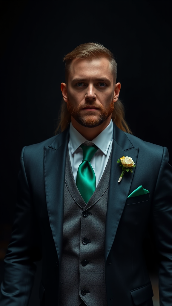 20 Enchanting Dark Romantic Wedding in Emerald Green Ideas Groom in a dark suit with an emerald green tie and boutonnière, showcasing unique wedding attire.