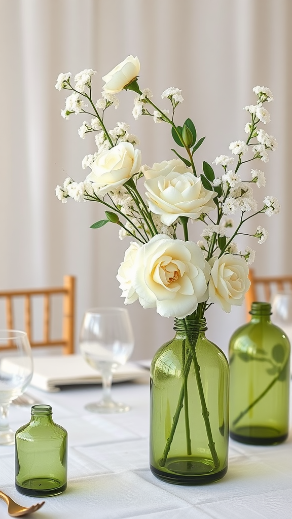 35 Olive Green Wedding Ideas You Haven't Seen Yet (Prepare to Be Inspired!) Elegant olive green centerpieces featuring white flowers in green glass vases.