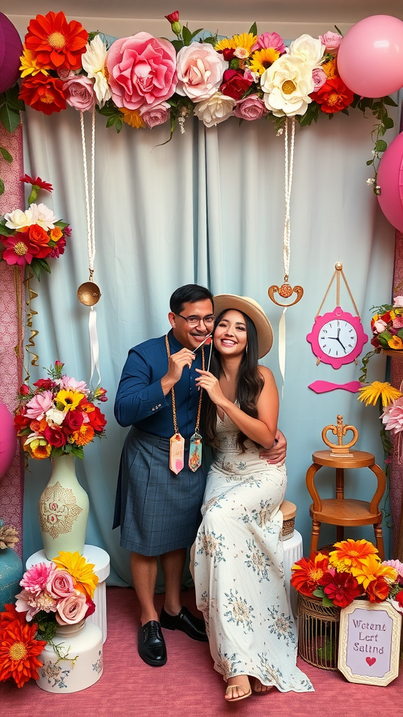 25 Creative Ideas for a Boho 50th Birthday Party Celebration A cheerful couple posing in a colorful photo booth with floral decorations, perfect for a boho-themed party.