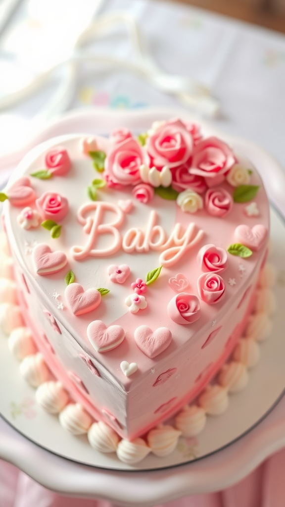 25 Lovely Valentine Baby Shower Ideas You’ll Love A heart-shaped cake decorated with pink roses and baby-themed elements, perfect for Valentine's Day.