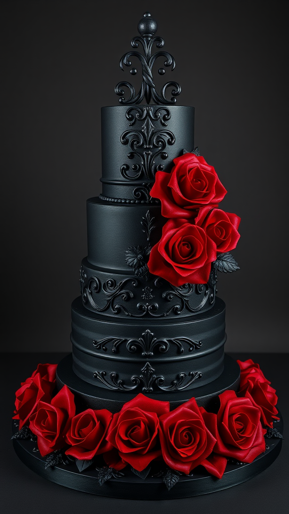 25 Enchanting Dark Romantic Wedding Ideas You’ll Love A black, gothic wedding cake adorned with red roses, showcasing intricate details and a dramatic design.