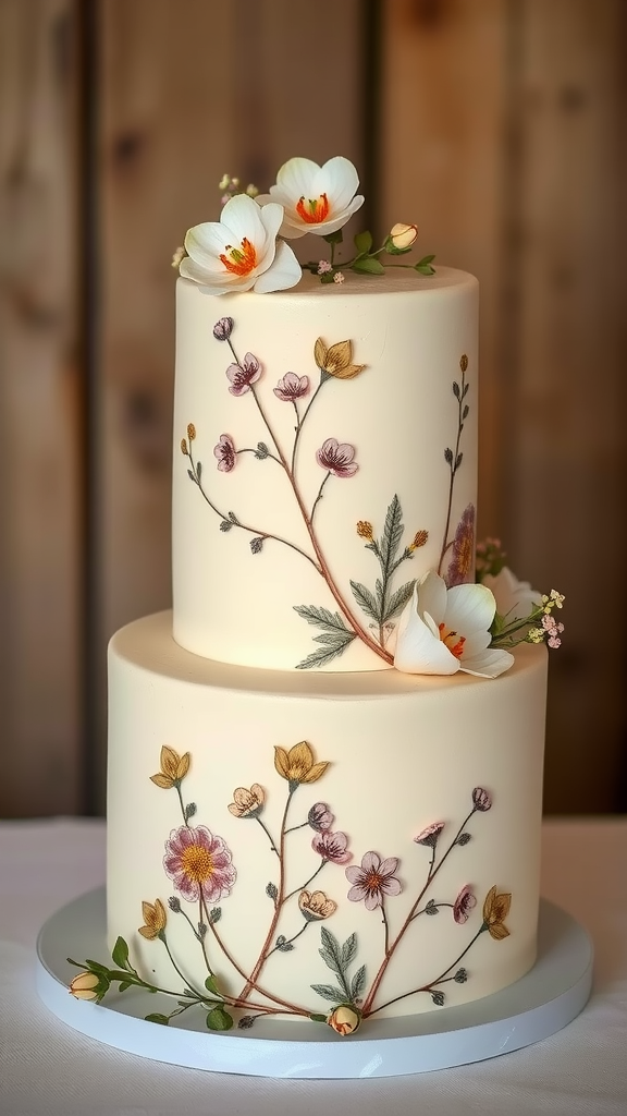 30 Themed Two-Tier Wedding Cakes That Are Totally Unique (Check Out #9!) A two-tier wedding cake decorated with vintage botanical prints and flowers.