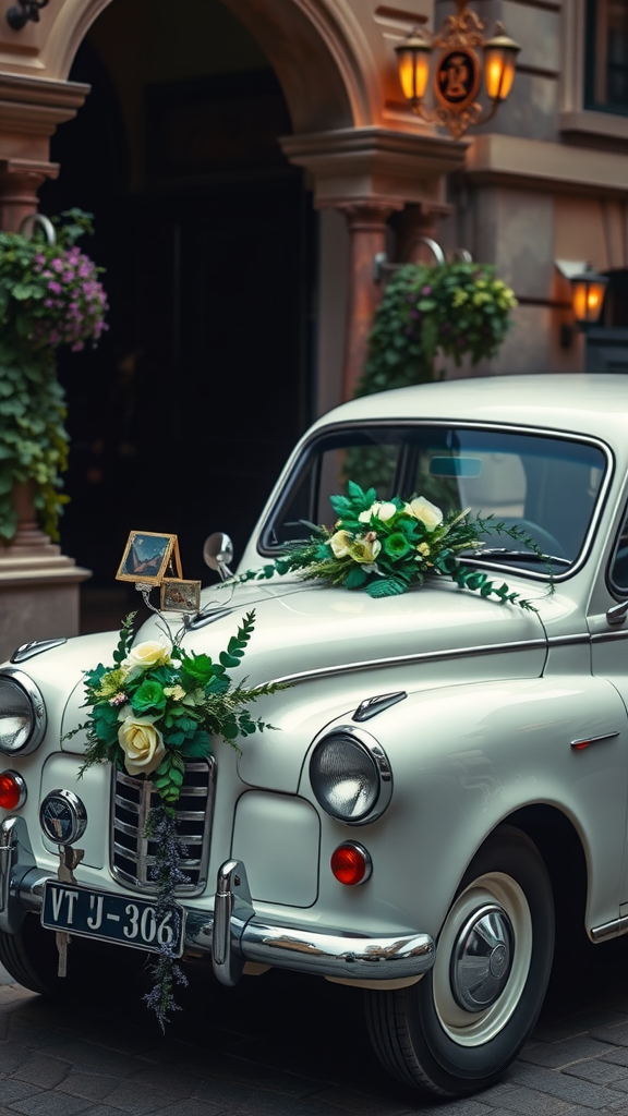20 Enchanting Dark Romantic Wedding in Emerald Green Ideas A vintage white car decorated with flowers, parked in a charming setting.