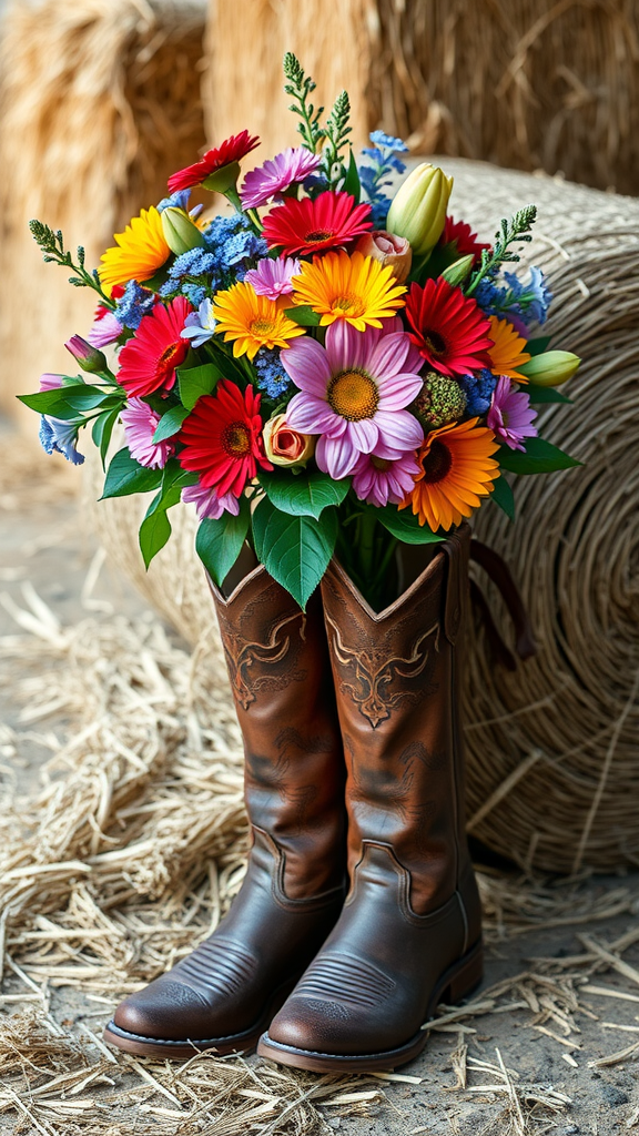 25 Cowboy Wedding Flowers That Will Make Planning a Breeze! Vintage cowboy boots filled with colorful flowers
