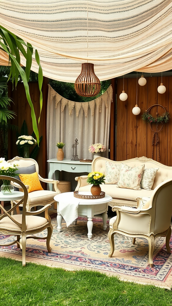 25 Adorable Ideas for a Boho Themed 1st Birthday Party for Girls Cozy outdoor seating area with vintage furniture
