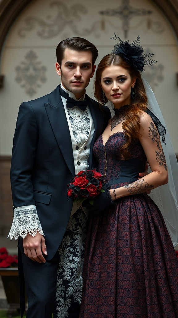 25 Enchanting Dark Romantic Wedding Ideas You’ll Love A couple in vintage gothic attire, with the groom in a dark suit and the bride in a red and black gown, holding a bouquet of red roses.