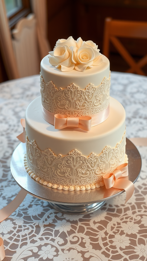 30 Themed Two-Tier Wedding Cakes That Are Totally Unique (Check Out #9!) A two-tier wedding cake decorated with lace patterns and sugar roses, complemented by peach ribbons.