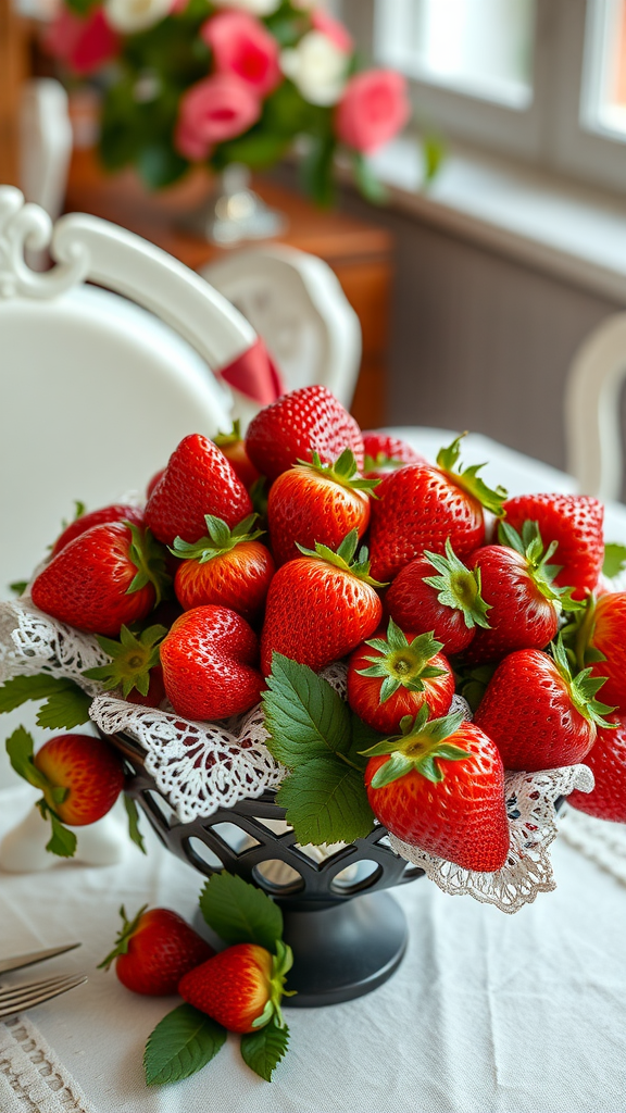 25 Creative Strawberry Centerpiece Ideas for Every Occasion A vintage arrangement of fresh strawberries on a lace doily in a decorative bowl.