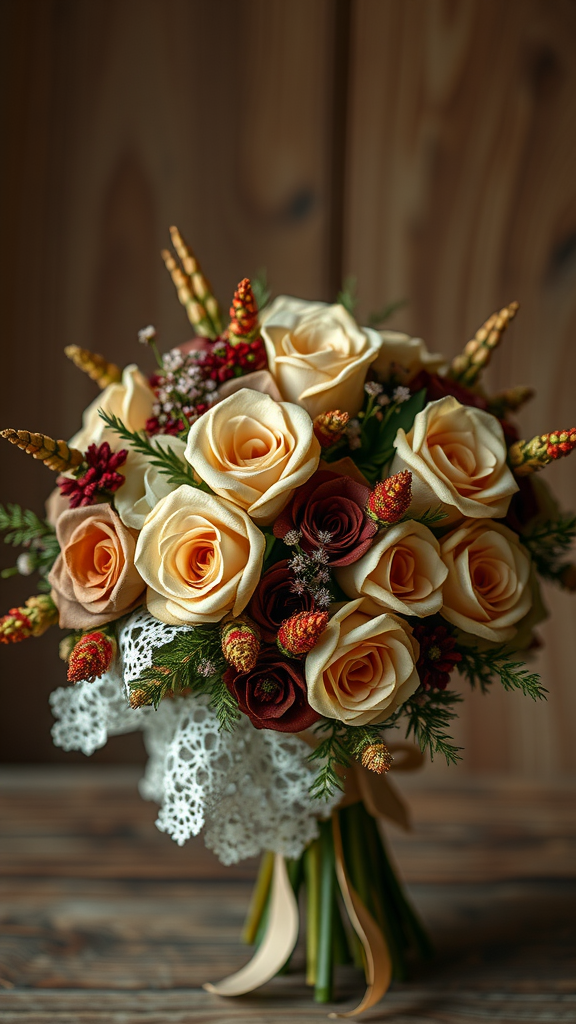 35 Stunning Earth Tone Wedding Bouquets for Your Dream Celebration A vintage style wedding bouquet featuring peach, cream, and burgundy roses with lace accents.