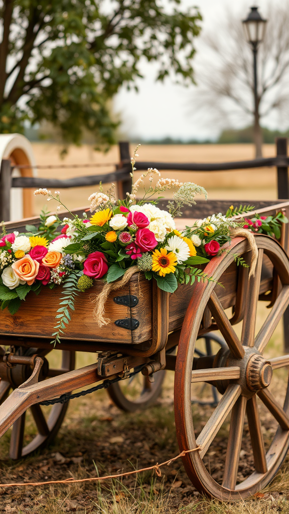 25 Rustic Cowboy Wedding Ideas to Tie the Knot with Style A vintage wagon filled with colorful flowers, set against a rustic background.