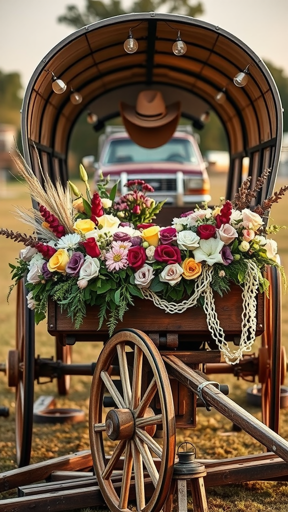 25 Creative Ideas for a Cowboy-Themed Wedding Celebration A vintage wagon decorated with flowers and a cowboy hat, set in a rustic outdoor setting
